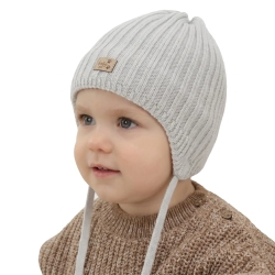 Czapka zimowa dla chłopca, szara, wiązana, 100% wełniana merino, podszyta polarem merino, Buno-1