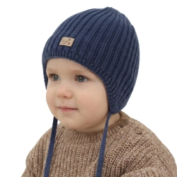 Czapka zimowa dla chłopca, granatowa, wiązana, 100% wełniana merino, podszyta polarem merino, Buno-1