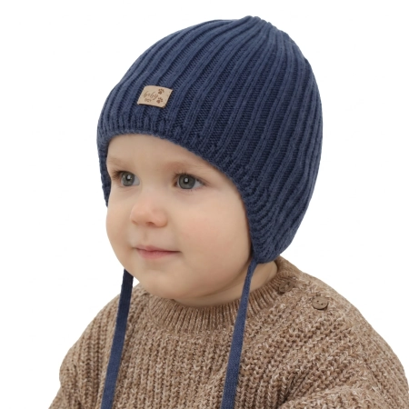 Czapka zimowa dla chłopca, granatowa, wiązana, 100% wełniana merino, podszyta polarem merino, Buno-1