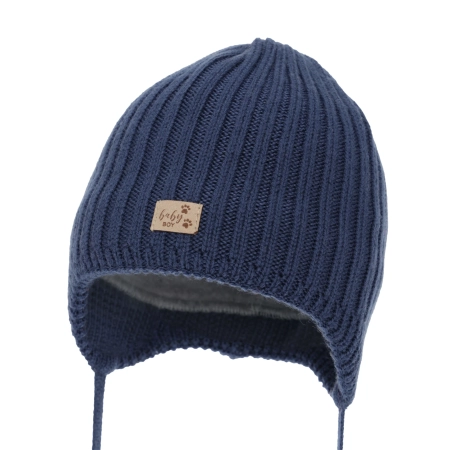 Czapka zimowa dla chłopca, granatowa, wiązana, 100% wełniana merino, podszyta polarem merino, Buno-2