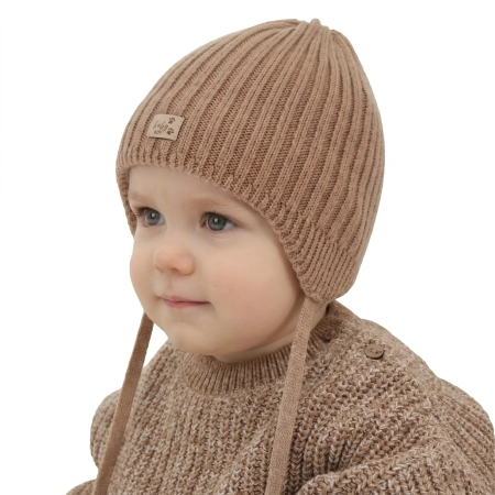 Czapka zimowa dla chłopca, camel, wiązana, 100% wełniana merino, podszyta polarem merino, Buno-1