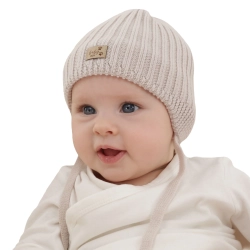Czapka zimowa dla chłopca, beżowa, wiązana, 100% wełniana merino, podszyta polarem merino, Buno-1