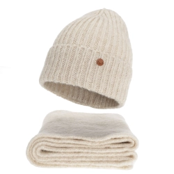 Czapka i szalik damski, zimowy komplet, jasnobeżowy, z wełną merino, Tolvia-1