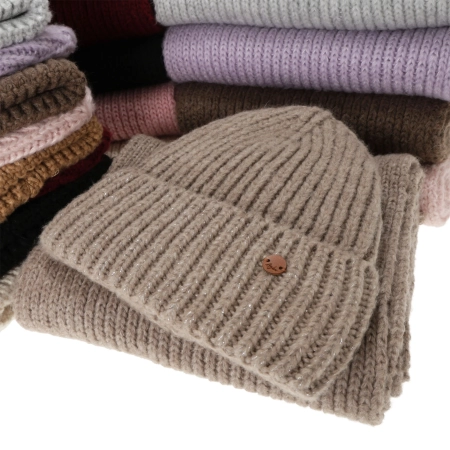 Czapka i szalik damski, zimowy komplet, jasnobeżowy, z wełną merino, Tolvia-2