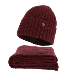 Czapka i szalik damski, zimowy komplet, bordowy, z wełną merino, Tolvia-1