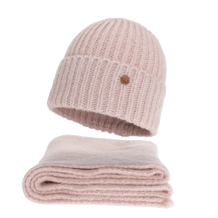 Czapka i szalik damski, zimowy komplet, jasnoróżowy, z wełną merino, Tolvia-1