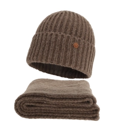 Czapka i szalik damski, zimowy komplet, brązowy, z wełną merino, Tolvia-1