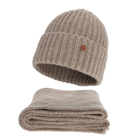 Czapka i szalik damski, zimowy komplet, beżowy, z wełną merino, Tolvia-1