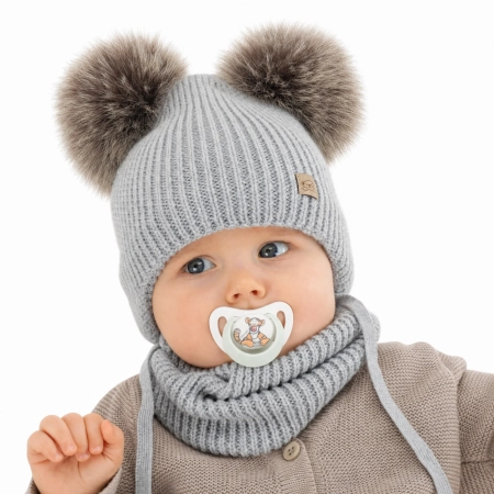 Czapka i komin dla chłopca, zimowy komplet, szary, 100% wełniany merino, podszyty polarem wełnianym, Riks-1