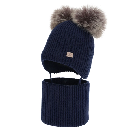 Czapka i komin dla chłopca, zimowy komplet, granatowy, 100% wełniany merino, podszyty polarem wełnianym, Riks-1