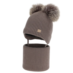 Czapka i komin dla chłopca, zimowy komplet, brązowy, 100% wełniany merino, podszyty polarem wełnianym, Riks-1