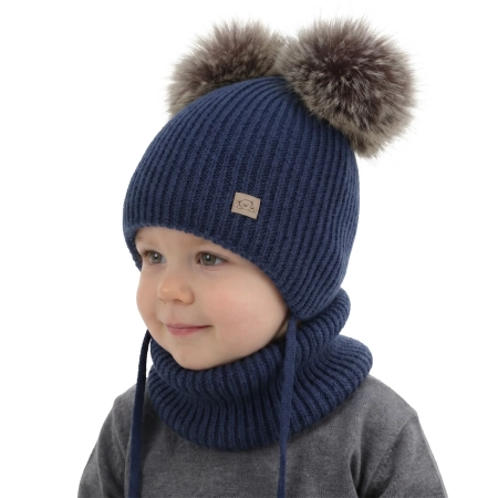 Czapka i komin dla chłopca, zimowy komplet, ciemnoniebieski, 100% wełniany merino, podszyty polarem wełnianym, Riks-1