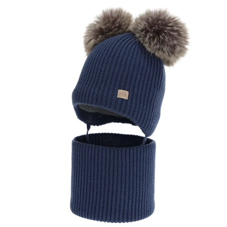 Czapka i komin dla chłopca, zimowy komplet, ciemnoniebieski, 100% wełniany merino, podszyty polarem wełnianym, Riks-2