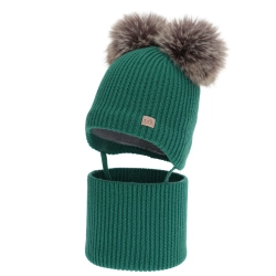 Czapka i komin dla chłopca, zimowy komplet, szmaragdowy, 100% wełniany merino, podszyty polarem wełnianym, Riks-1