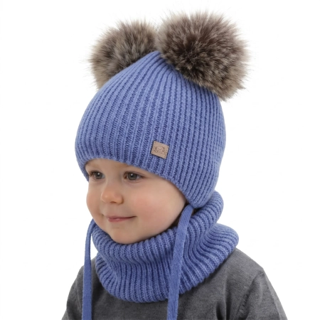 Czapka i komin dla chłopca, zimowy komplet, niebieski, 100% wełniany merino, podszyty polarem wełnianym, Riks-1