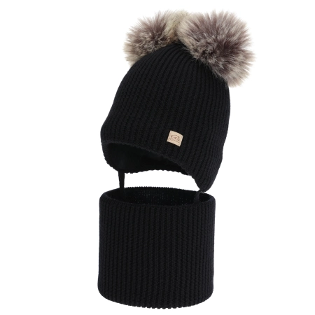Czapka i komin dla chłopca, zimowy komplet, czarny, 100% wełniany merino, podszyty polarem wełnianym, Riks-2