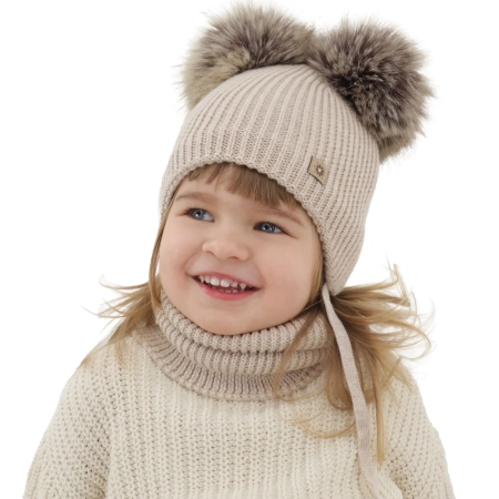Czapka i komin dla dziewczynki, zimowy komplet, beżowy, 100% wełniany merino, podszyty polarem wełnianym, Remika-1