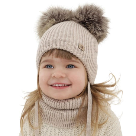 Czapka i komin dla dziewczynki, zimowy komplet, beżowy, 100% wełniany merino, podszyty polarem wełnianym, Remika-2