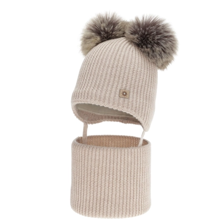 Czapka i komin dla dziewczynki, zimowy komplet, beżowy, 100% wełniany merino, podszyty polarem wełnianym, Remika-3