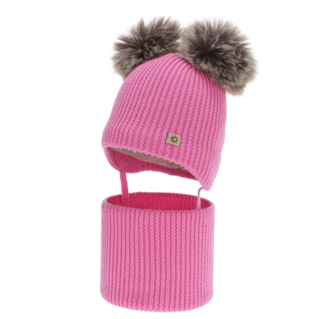 Czapka i komin dla dziewczynki, zimowy komplet, różowy, 100% wełniany merino, podszyty polarem wełnianym, Remika-1