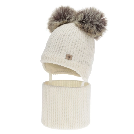 Czapka i komin dla dziewczynki, zimowy komplet, kremowy, 100% wełniany merino, podszyty polarem wełnianym, Remika-1