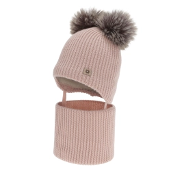 Czapka i komin dla dziewczynki, zimowy komplet, różowy, 100% wełniany merino, podszyty polarem wełnianym, Remika-1