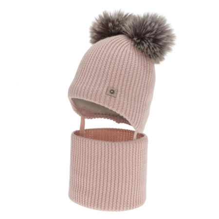 Czapka i komin dla dziewczynki, zimowy komplet, różowy, 100% wełniany merino, podszyty polarem wełnianym, Remika-1