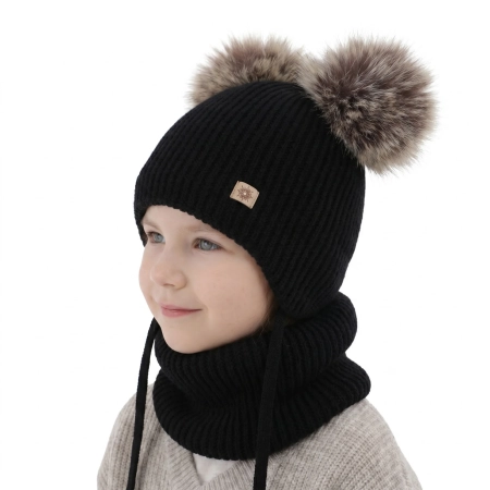 Czapka i komin dla dziewczynki, zimowy komplet, czarny, 100% wełniany merino, podszyty polarem wełnianym, Remika-1