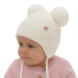 Czapka zimowa dla dziewczynki, kremowa, 100% wełniana merino, podszyta wełnianym polarem, wiązana Kiarina-1