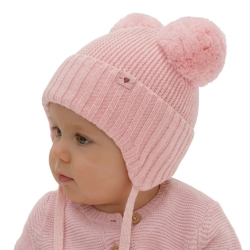 Czapka zimowa dla dziewczynki, różowa, 100% wełniana merino, podszyta wełnianym polarem, wiązana Kiarina-1