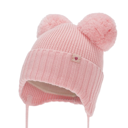 Czapka zimowa dla dziewczynki, różowa, 100% wełniana merino, podszyta wełnianym polarem, wiązana Kiarina-2