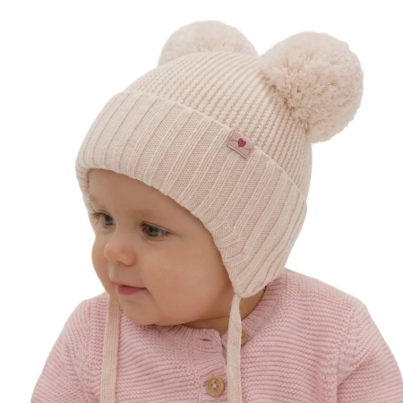 Czapka zimowa dla dziewczynki, jasnoróżowa, 100% wełniana merino, podszyta wełnianym polarem, wiązana Kiarina-1