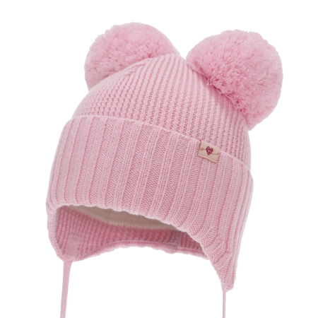 Czapka zimowa dla dziewczynki, różowa, 100% wełniana merino, podszyta wełnianym polarem, wiązana Kiarina-2