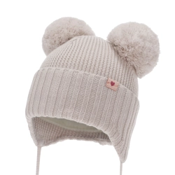 Czapka zimowa dla dziewczynki, beżowa, 100% wełniana merino, podszyta wełnianym polarem, wiązana Kiarina-1