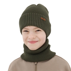 Czapka i komin dla chłopca, jesienny, wiosenny komplet, khaki, 100% bawełniany Morif-1