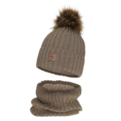 Czapka i komin dla dziewczynki zimowy komplet, ciemnobeżowy, podszyty polarem, z wełną merino Bellina-1