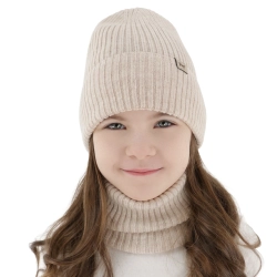 Czapka i komin dla dziewczynki, jesienny, wiosenny komplet, jasnobeżowy, 100% wełniany merino, Altai-1