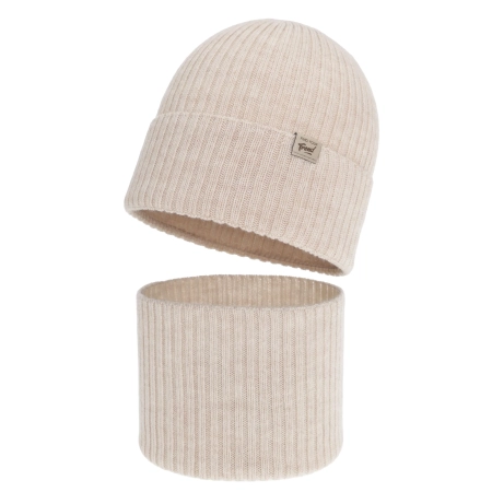 Czapka i komin dla dziewczynki, jesienny, wiosenny komplet, jasnobeżowy, 100% wełniany merino, Altai-2