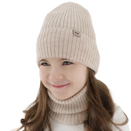 Czapka i komin dla dziewczynki, jesienny, wiosenny komplet, jasnobeżowy, 100% wełniany merino, Altai-3