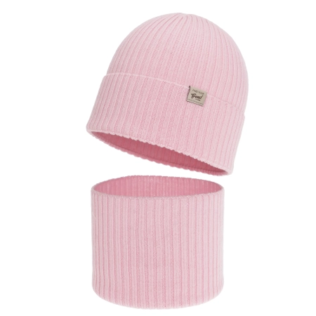 Czapka i komin dla dziewczynki, jesienny, wiosenny komplet, różowy, 100% wełniany merino, Altai-1