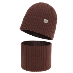 Czapka i komin dla dziewczynki, jesienny, wiosenny komplet, brązowy, 100% wełniany merino, Altai-1