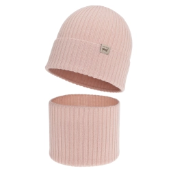 Czapka i komin dla dziewczynki, jesienny, wiosenny komplet, różowy, 100% wełniany merino, Altai-1