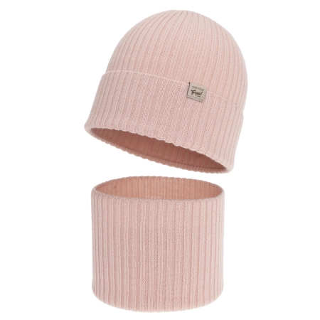 Czapka i komin dla dziewczynki, jesienny, wiosenny komplet, różowy, 100% wełniany merino, Altai-1