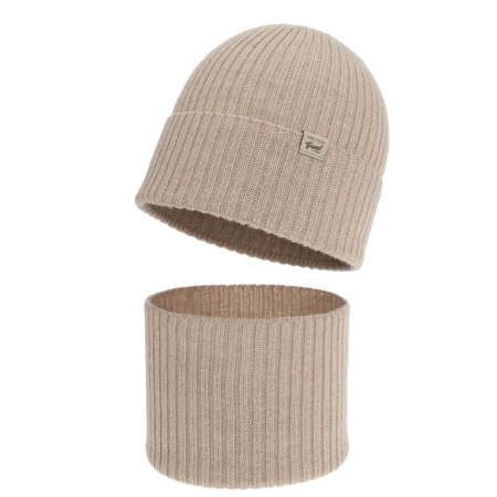 Czapka i komin dla dziewczynki, jesienny, wiosenny komplet, beżowy, 100% wełniany merino, Altai-1
