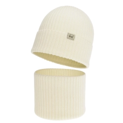 Czapka i komin dla dziewczynki, jesienny, wiosenny komplet, kremowy, 100% wełniany merino, Altai-1