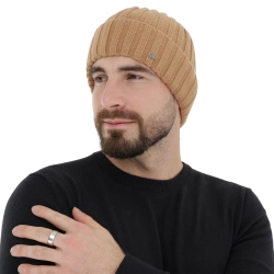 Czapka zimowa męska, camel, wełna merino z kaszmirem, Zalero-1