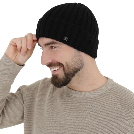 Czapka zimowa męska, czarna, wełna merino z kaszmirem, Zalero-3