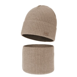 Czapka i komin dla chłopca jesienny, wiosenny komplet, beżowy, 100% wełniany merino Intro-1