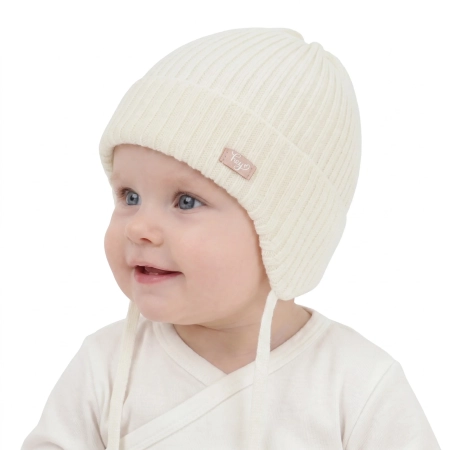 Czapka jesienna, wiosenna dla dziewczynki, 100% wełniana merino, kremowa Koya-1