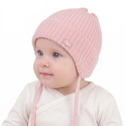 Czapka jesienna, wiosenna dla dziewczynki, 100% wełniana merino, różowa Koya-1